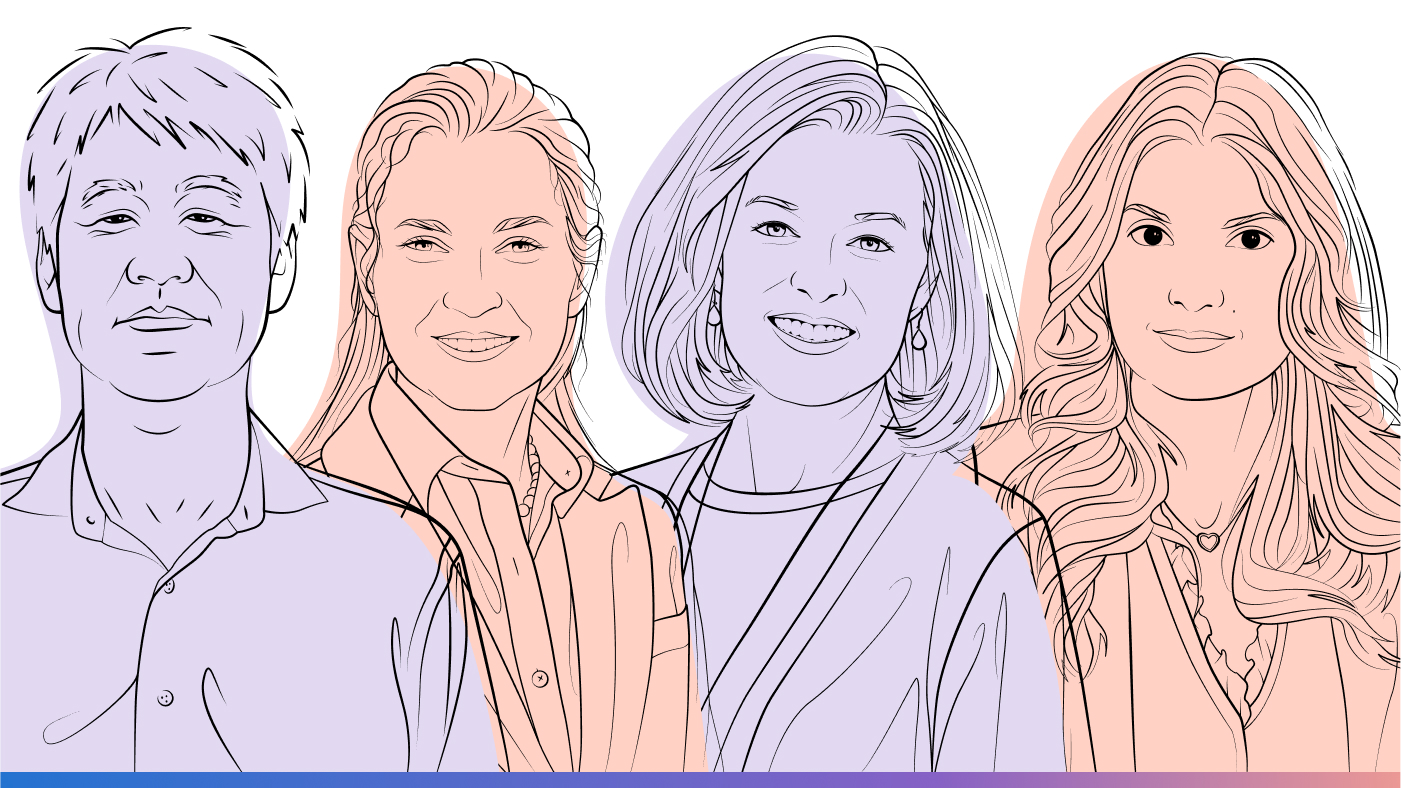 AI Revolution podcast | Episode 4 - Laws, norms, and ethics for AI in health | outline illustration of Peter Lee, Vardit Ravitsky, Laura Adams, and Dr. Roxana Daneshjou