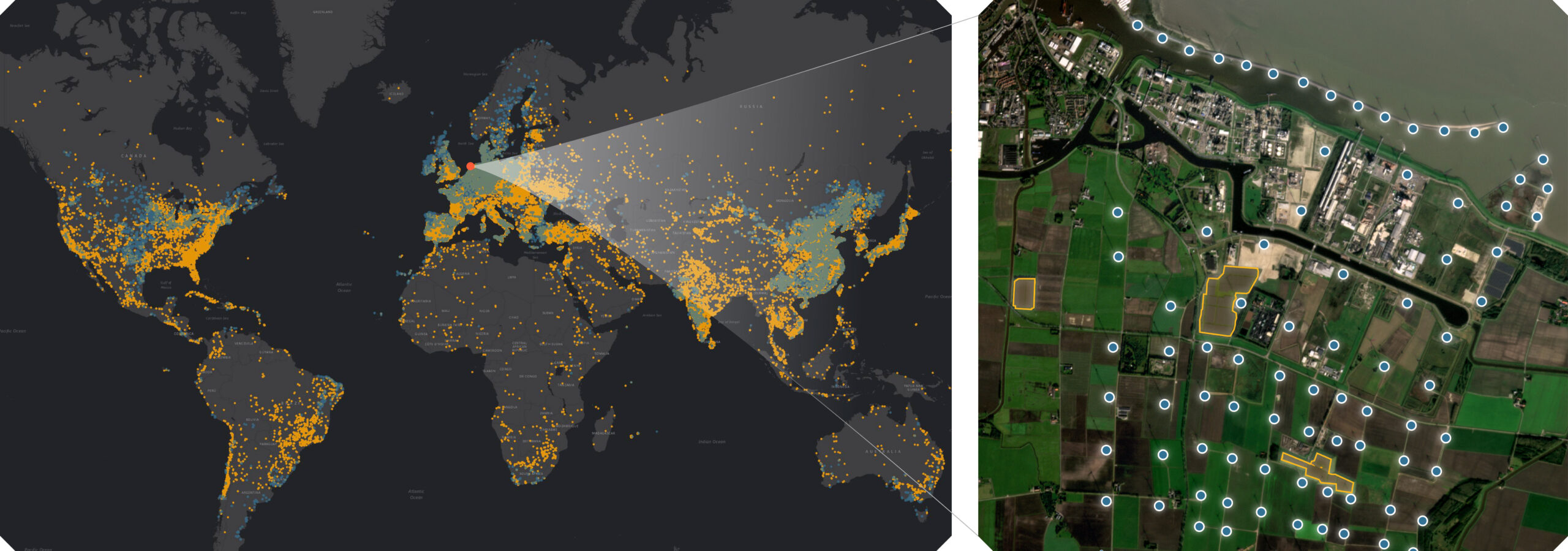 A 2-panel figure. The left panel shows a global map with the distribution of 86,410 solar PV installations points and 375,197 onshore windmills points detected by our models in 2024 Q2. The right panel shows satellite imagery with annotated solar and wind installations over the village of Farmsum in the Dutch province of Groningen.