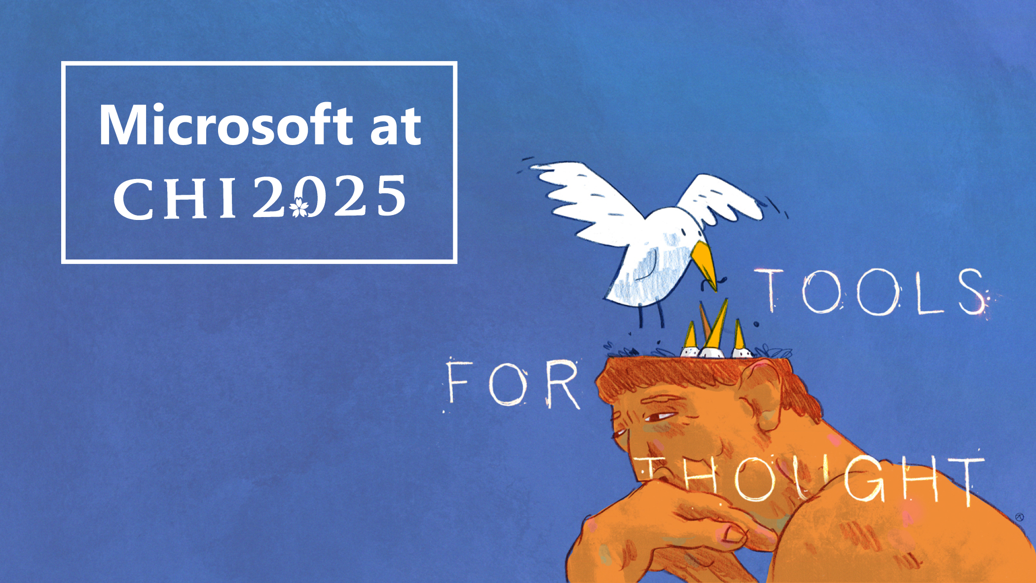 A digital illustration of a person with a contemplative expression, resting their chin on their hand. The top of the person's head is open, revealing a white bird standing inside. The seagull is holding a worm in its beak, feeding the baby birds. The background is blue, and the words 