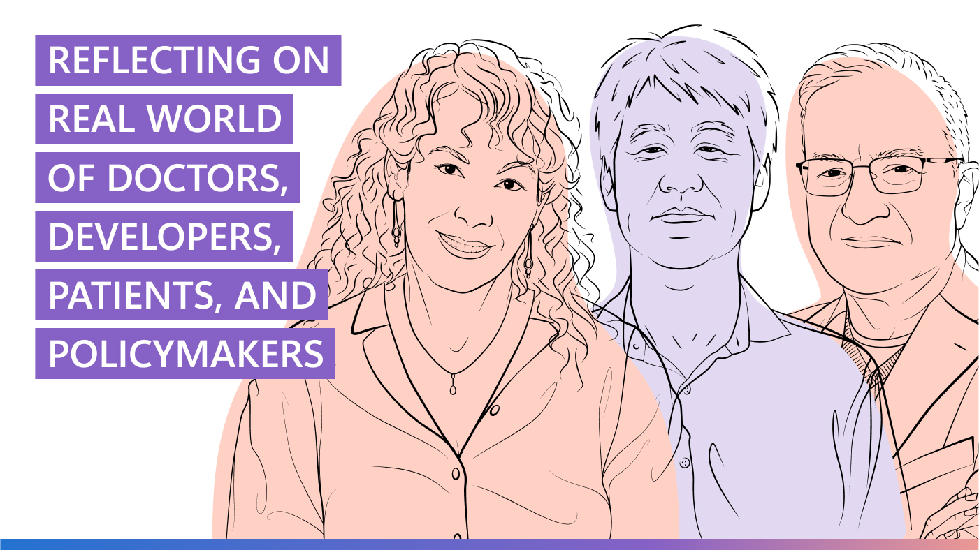 AI Revolution podcast | Episode 5 - Coauthor roundtable: Reflecting on real world of doctors, developers, patients, and policymakers | outline illustration of Carey Goldberg, Peter Lee, and Dr. Isaac (Zak) Kohane