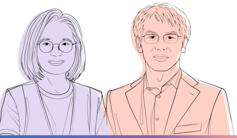 Illustrated headshots of Hongxia Hao (left) and Bing Lv (right).