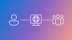 Icons representing individual and group connections to a central computer monitor with a globe, symbolizing online connectivity, set against a gradient background transitioning from blue to pink.