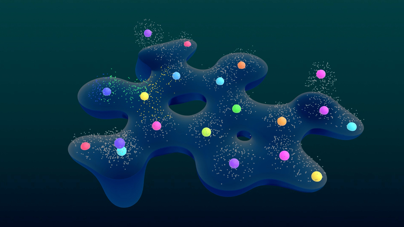 Alt text: A dark blue, wavy surface with multiple colorful spheres placed on it. The spheres are in various colors including red, green, blue, yellow, purple, and orange. Each sphere is surrounded by small white particles that appear to be floating around them. The background is a gradient of dark teal to black.