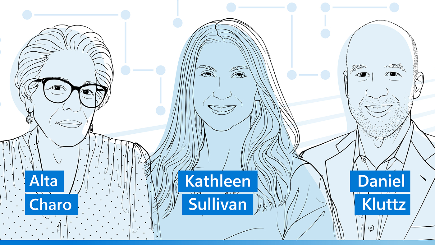 illustration of R. Alta Charo, Kathleen Sullivan, and Daniel Kluttz for the Microsoft Research Podcast
