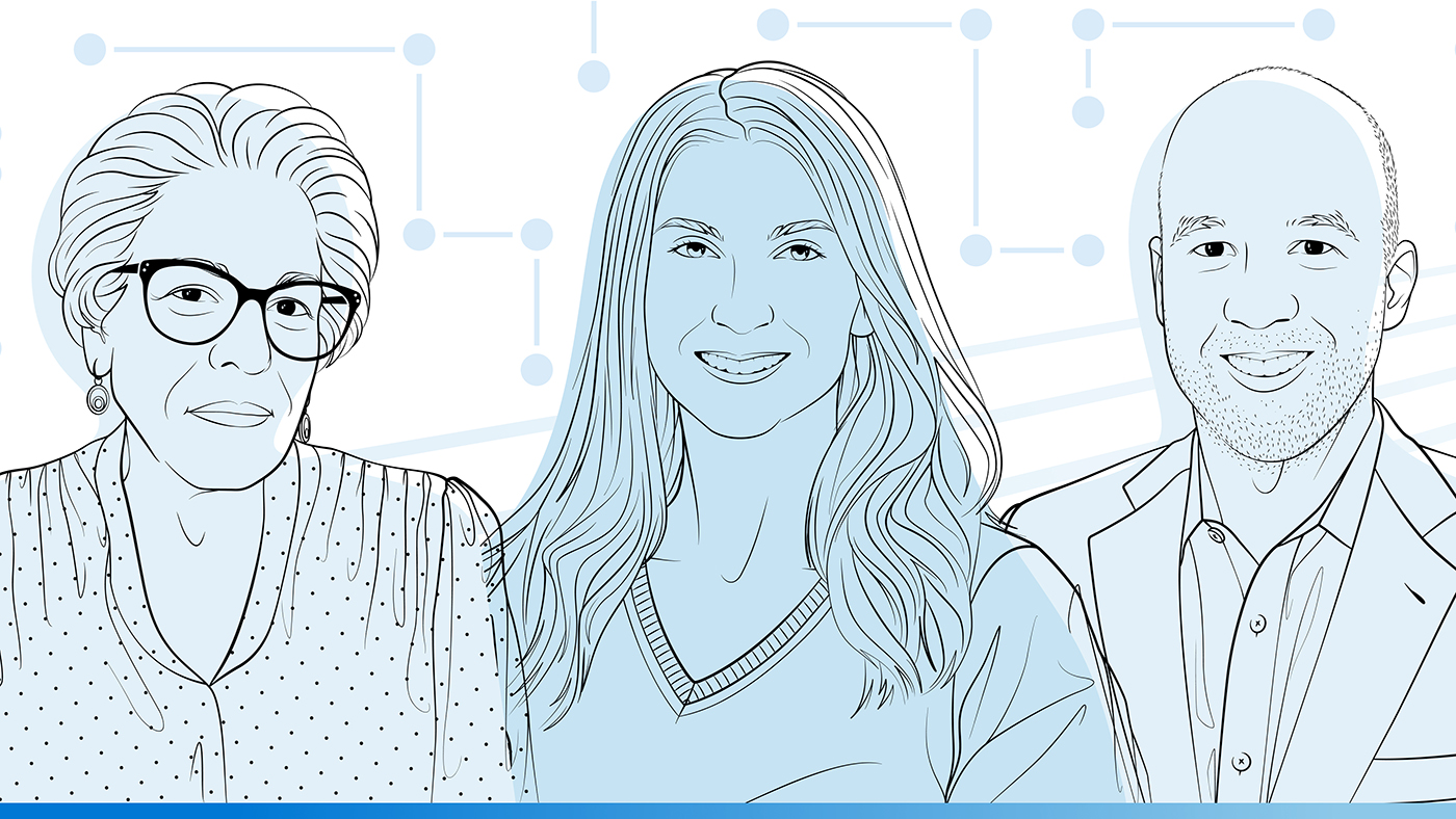 illustration of R. Alta Charo, Kathleen Sullivan, and Daniel Kluttz for the Microsoft Research Podcast