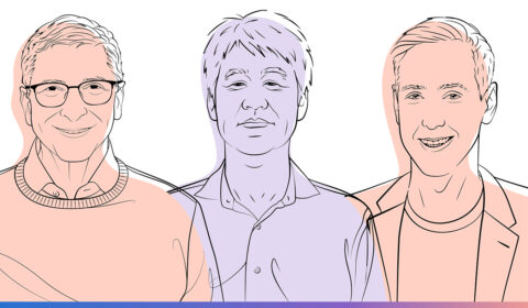 Illustrated headshot of Bill Gates, Peter Lee, and Sébastien Bubeck