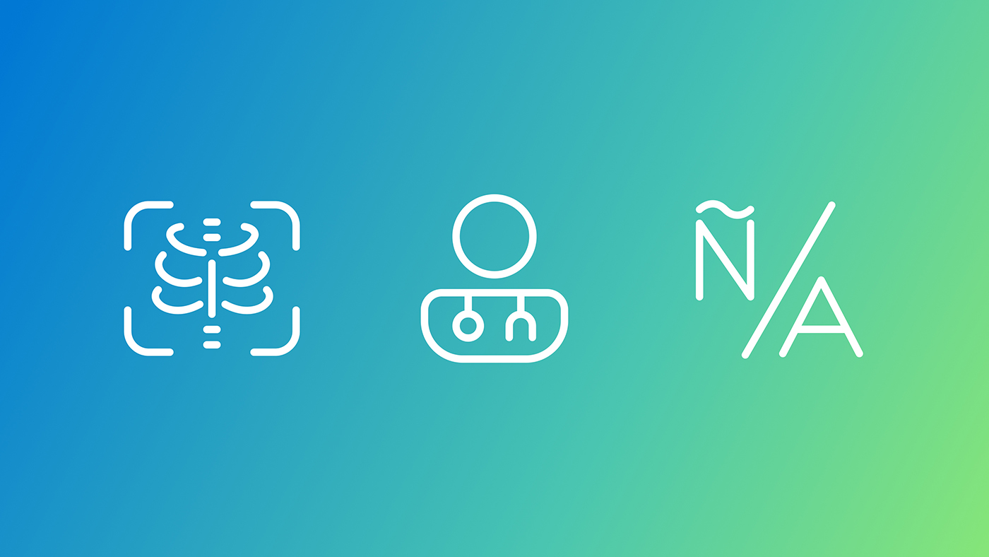 Alt text: The image features three white icons on a gradient background transitioning from blue on the left to green on the right. The first icon, located on the left, resembles an X-ray of a ribcage enclosed in a square with rounded corners. The middle icon depicts a hierarchical structure with one circle at the top connected by lines to two smaller circles below it. The third icon, positioned on the right, shows the letters "N" and "A" separated by a diagonal line, with a tilde (~) above the "N".