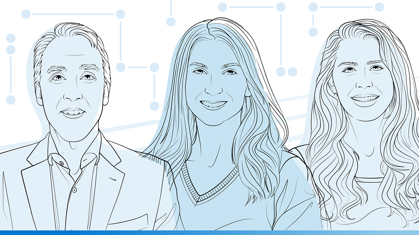 Illustrated images of Kathleen Sullivan, Ciaran Martin, and Tori Westerhoff for the Microsoft Research podcast