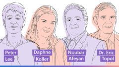 Illustrated images of Peter Lee, Daphne Koller, Noubar Afeyan, and Dr. Eric Topol for the Microsoft Research Podcast