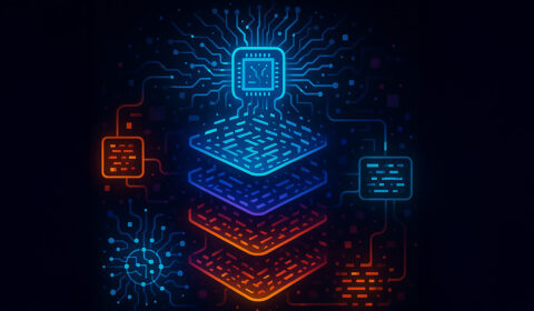 Stylized digital illustration of a multi-layered circuit board. A glowing blue microchip sits at the top center, with intricate circuitry radiating outward. Beneath it, four stacked layers transition in color from blue to orange, each featuring circuit-like patterns. Smaller rectangular and circular components are connected around the layers, all set against a dark background with scattered geometric shapes.