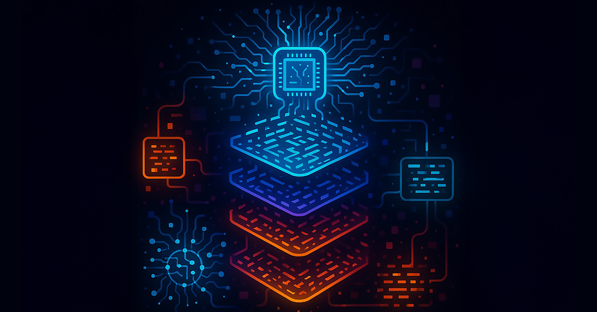 Stylized digital illustration of a multi-layered circuit board. A glowing blue microchip sits at the top center, with intricate circuitry radiating outward. Beneath it, four stacked layers transition in color from blue to orange, each featuring circuit-like patterns. Smaller rectangular and circular components are connected around the layers, all set against a dark background with scattered geometric shapes.