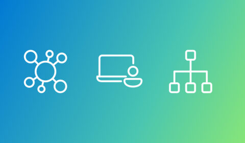 The image features four white icons on a gradient background that transitions from blue on the left to green on the right. The first icon is a network or molecule structure with interconnected nodes. The second icon shows a stylized person in front of a computer screen. The third icon shows an organization tree with one main node and three nodes branching out side by side below it.