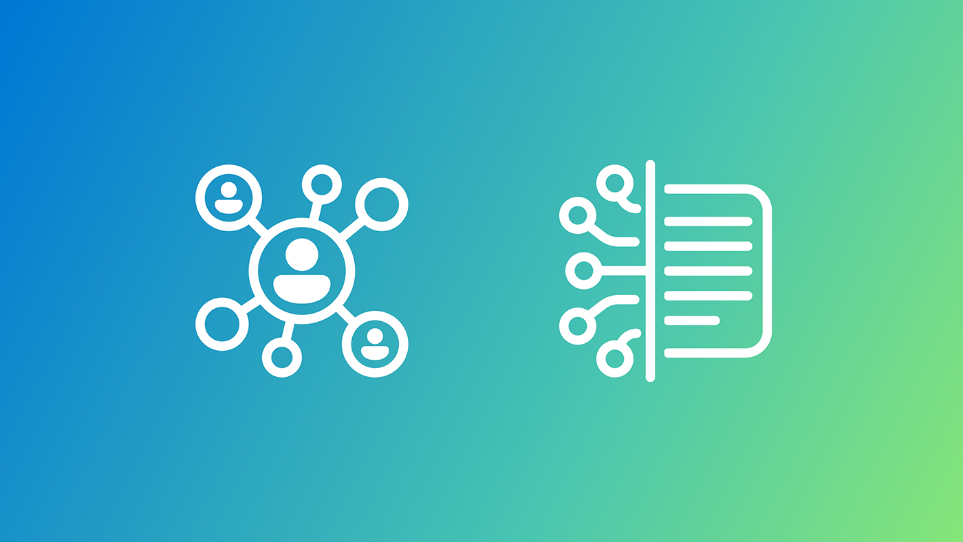 Alt text: Two white icons on a blue-to-green gradient background—one showing a central figure linked to others, representing a network, and the other depicting lines connecting to a document, symbolizing data flow.
