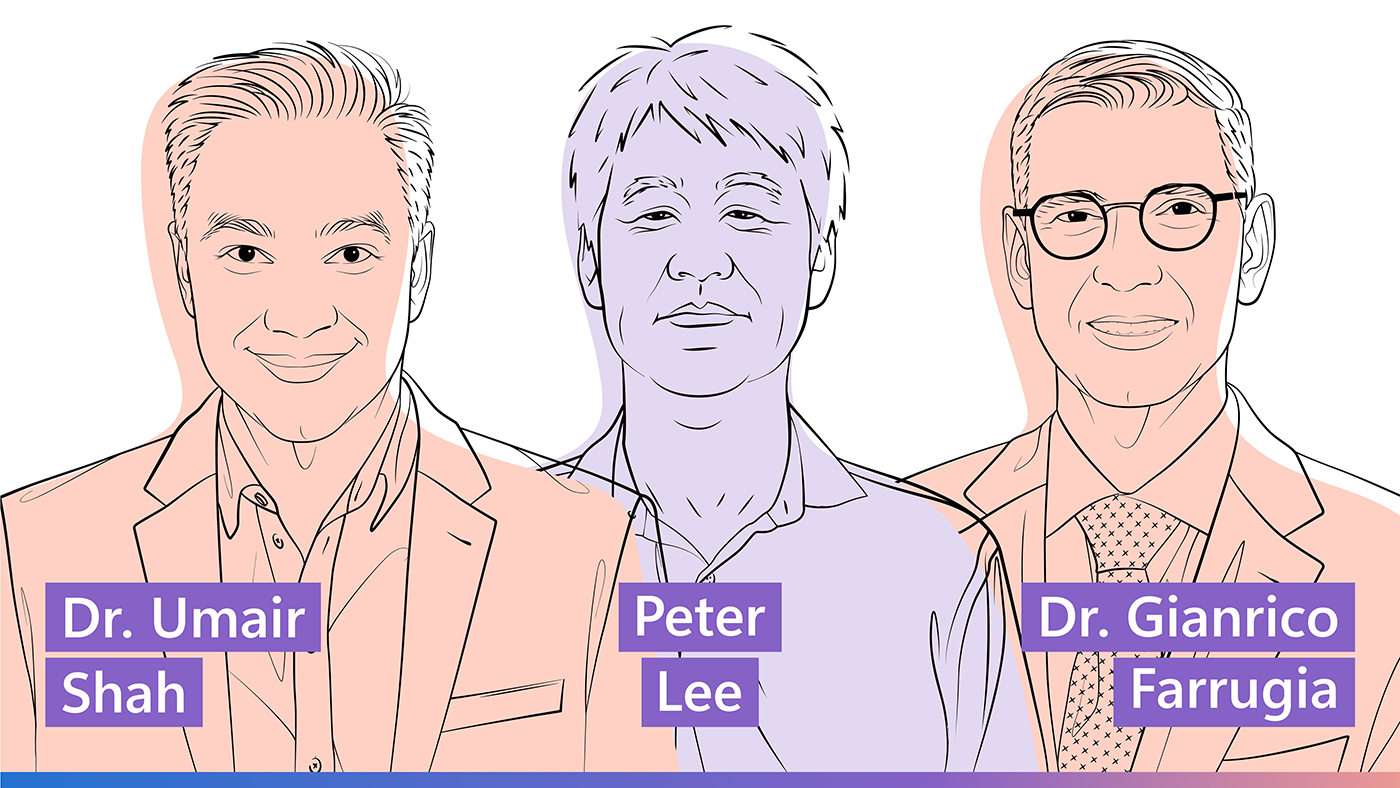Illustrated headshots of Peter Lee, Umair Shah, Gianrico Farrugia
