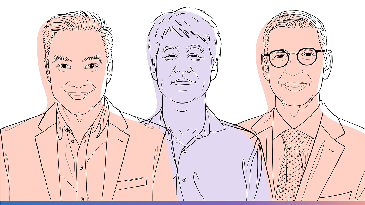 Illustrated headshots of Peter Lee, Umair Shah, Gianrico Farrugia