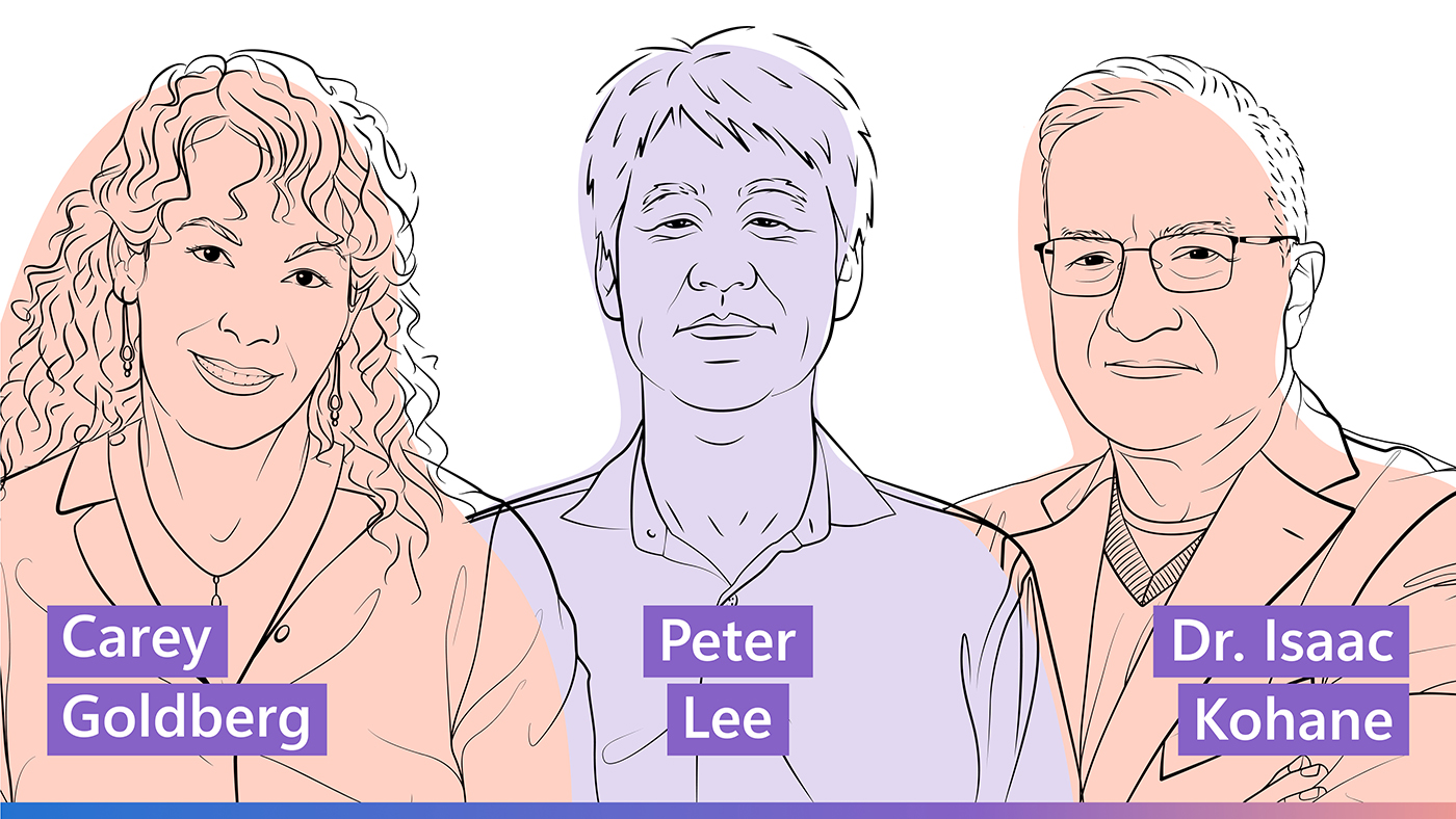Illustrated headshots of Carey Goldberg, Peter Lee, and Dr. Isaac Kohane.