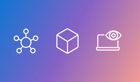 Three white line icons on a gradient background transitioning from blue to pink. From left to right: a network or molecule structure with a central circle and six surrounding nodes, a 3D cube, and an open laptop with an eye symbol above it.