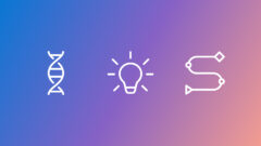 A gradient background transitioning from blue to pink with three white icons: a DNA double helix, a light bulb with rays, and a stylized path with arrows and nodes.