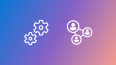 Two white line icons on a gradient background transitioning from blue to pink. From left to right: icon representing a set of gears; an icon representing three connected nodes each containing a user icon