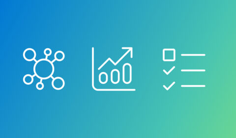 Three white icons on a gradient background transitioning from blue to green. From left to right: a network structure with connected circles, an upward-trending line graph with bars and an arrow, and a checklist with horizontal lines and checkmarks.
