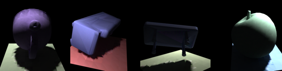 Figure 2: The figure displays four 3D-rendered objects showcasing view-independent rendering effects. From left to right: a purple teapot on a green surface, a blue rectangular object on a red surface, an upside-down table casting shadows on a green surface, and a green apple-like object on a blue surface. Each object features diffuse lighting and coarse shadow effects, with distinct highlights and shadows produced by directional light sources.