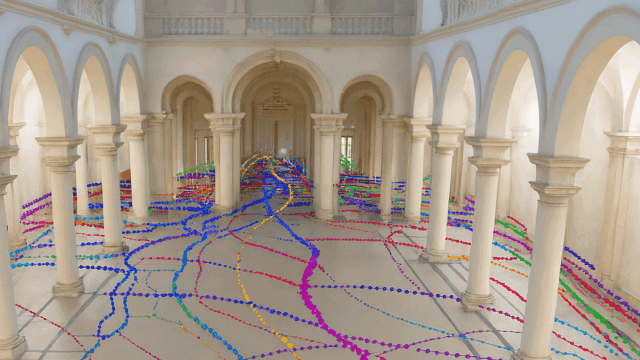 Spatial AI lab header | AI-generated | room of arches with colored dotted trails
