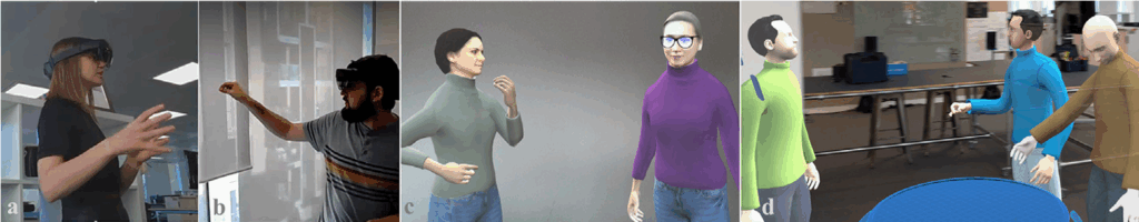Four-panel collage showing mixed reality and virtual interaction: - Person wearing headset, gesturing with hands toward virtual objects. - Second person with headset, interacting with virtual interface. - Two virtual avatars, one in purple, one in green, appearing to converse. - Three avatars in a virtual room with tables, suggesting collaboration