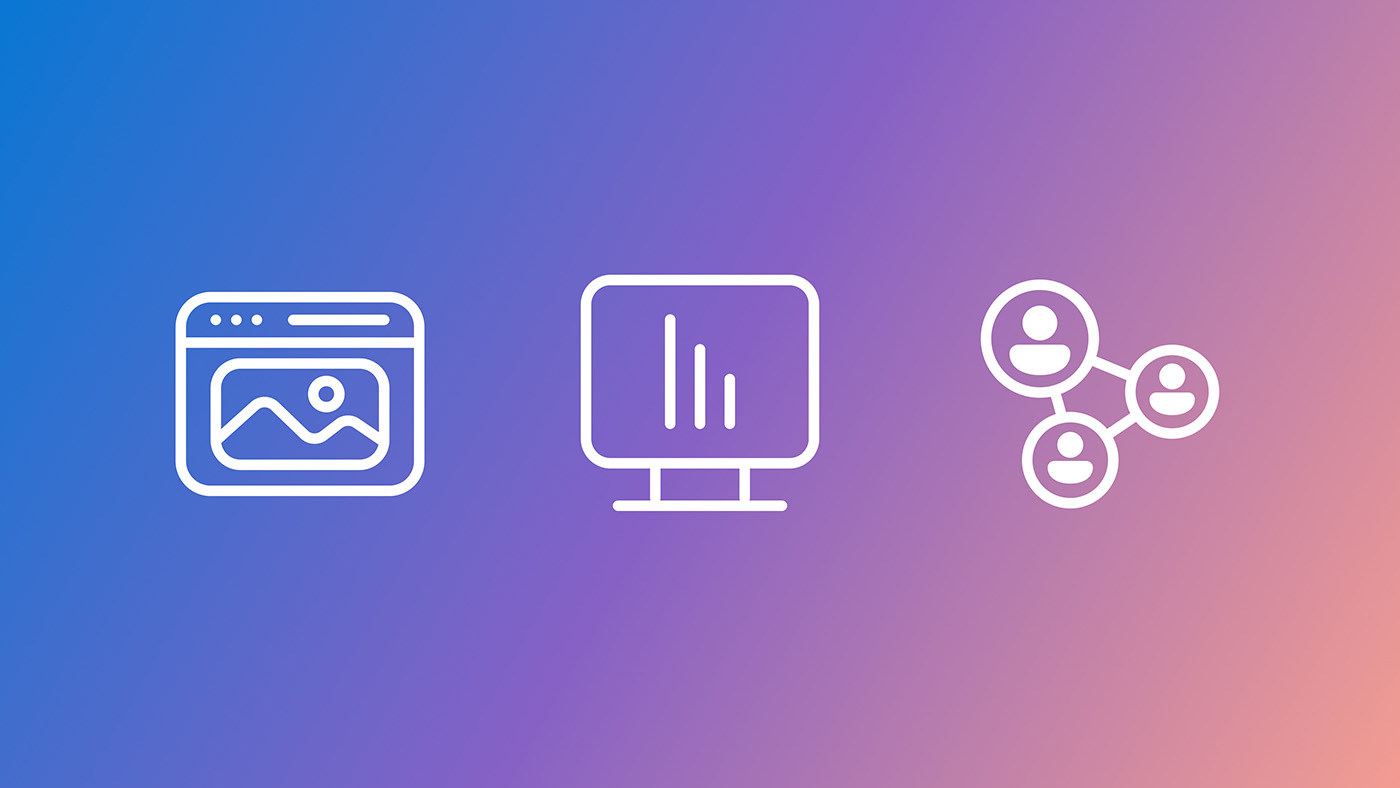 Three white icons on a blue-to-purple gradient background: the first icon shows an image/photo; the second icon depicts a computer monitor with vertical bars; the third icon displays three connected circles with user silhouettes.