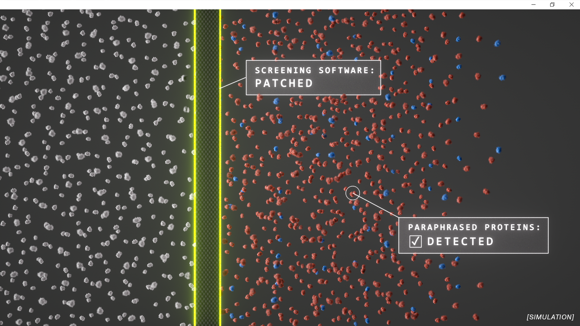 Simulation of patched screening systems detecting reformulated threats.