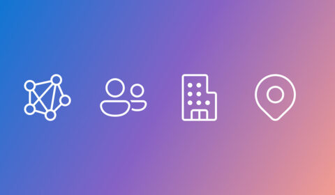 Four white icons on a blue-to-purple gradient background: the first icon shows a node cluster, the second shows two persons, the third is a building, and the fourth is a location pin