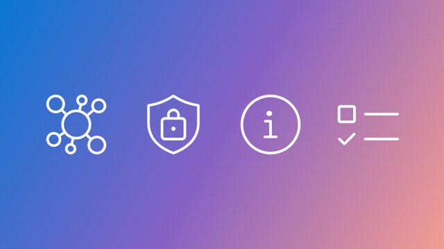 Four white line icons on a blue-to-orange gradient background: a network node icon, a security shield with padlock icon, an information icon, a checklist icon