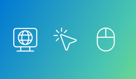 Three white line icons on a blue-to-green gradient background: a computer monitor with a globe symbol on the left, a cursor arrow with click lines in the center, and a computer mouse outline on the right.