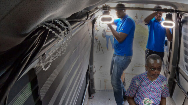 3D Telecommunications | A combined team of technicians from ECL Global and Korle Bu Teaching Hospital in Ghana prepares the mobile 3D Telemedicine installation for use in Koforidua, Ghana.