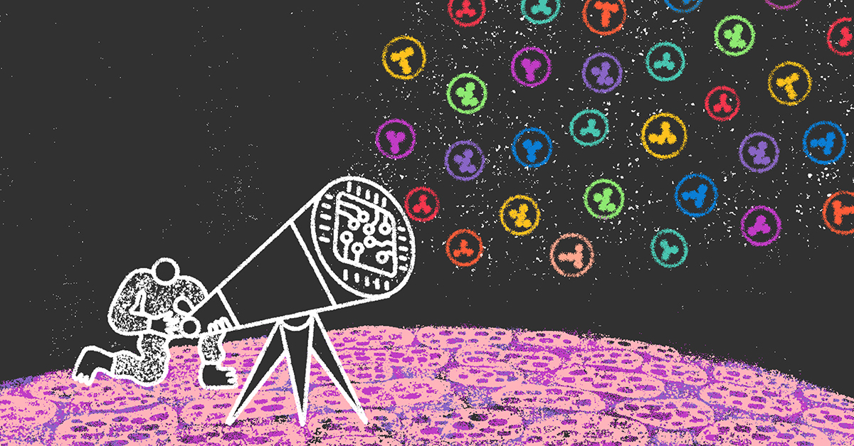 Illustration of a person kneeling and looking through a large telescope on a textured pink surface. The telescope is aimed at a dark sky filled with colorful circular icons, each containing abstract shapes. The telescope itself has circuit-like patterns inside.