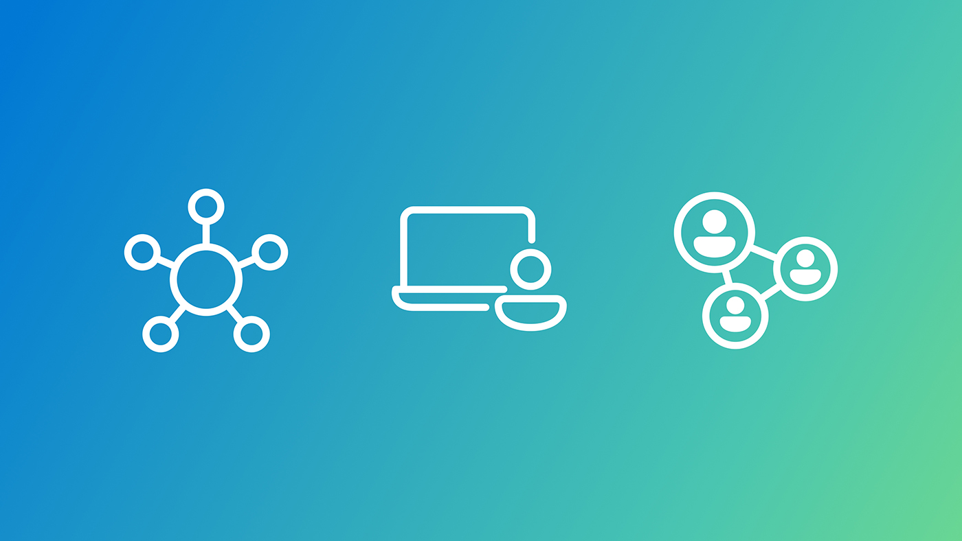 Three white line icons on a blue-to-green gradient background: a hub-and-spoke network symbol on the left, a laptop with a user icon in the center, and a connected group of three user icons on the right.