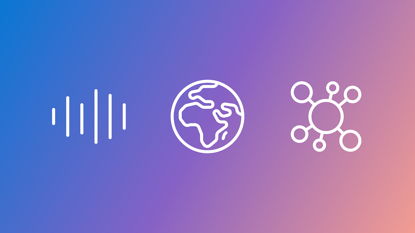 Three white line icons on a blue‑to‑purple gradient background: a vertical audio waveform on the left, a globe showing Africa and Europe in the center, and a network on the right.