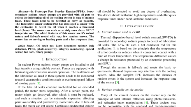 Development of sensor for monitoring the integrity of the lubrication system of heavy duty pumps in nuclear reactors