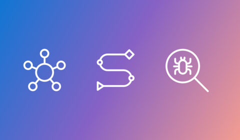 Three white line icons, showing network, workflow, and bug‑analysis icons, on a blue‑to‑purple gradient background.