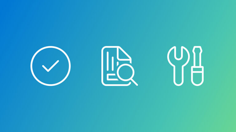 ADeLe | Three white line icons, showing a circle with a checkmark, a search document, and a set of tools, on a blue‑to‑green gradient background.