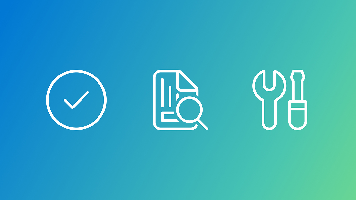 ADeLe | Three white line icons, showing a circle with a checkmark, a search document, and a set of tools, on a blue‑to‑green gradient background.