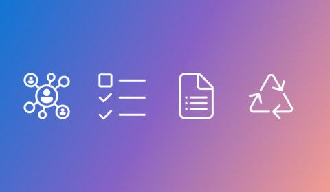 blue and purple gradient background with decorative white icons