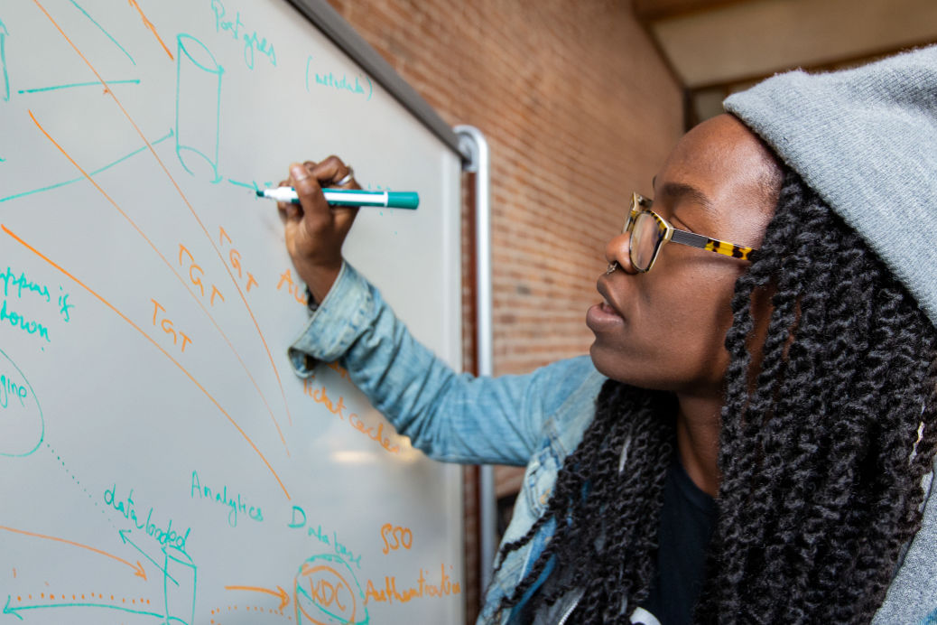 a person writing on a whiteboard