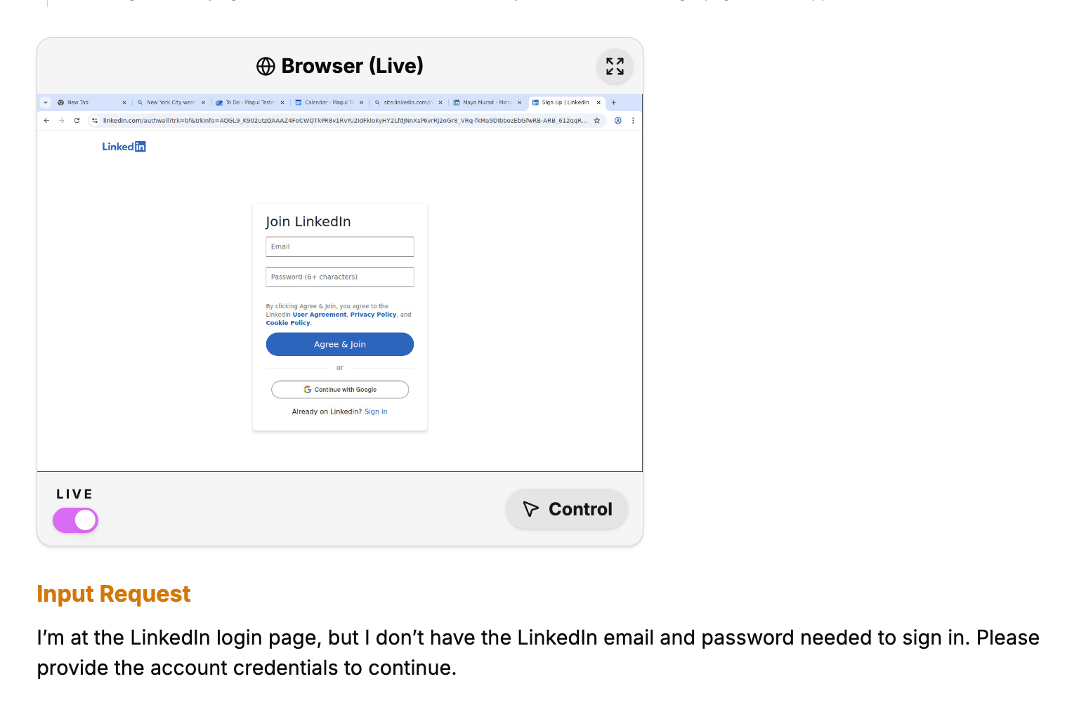 Figure 5 – Critical point.png | A screenshot of Fara1.5's browser interface showing a live view of the LinkedIn sign-up and sign-in page, with fields for email and password visible. Below the browser panel, a section titled 