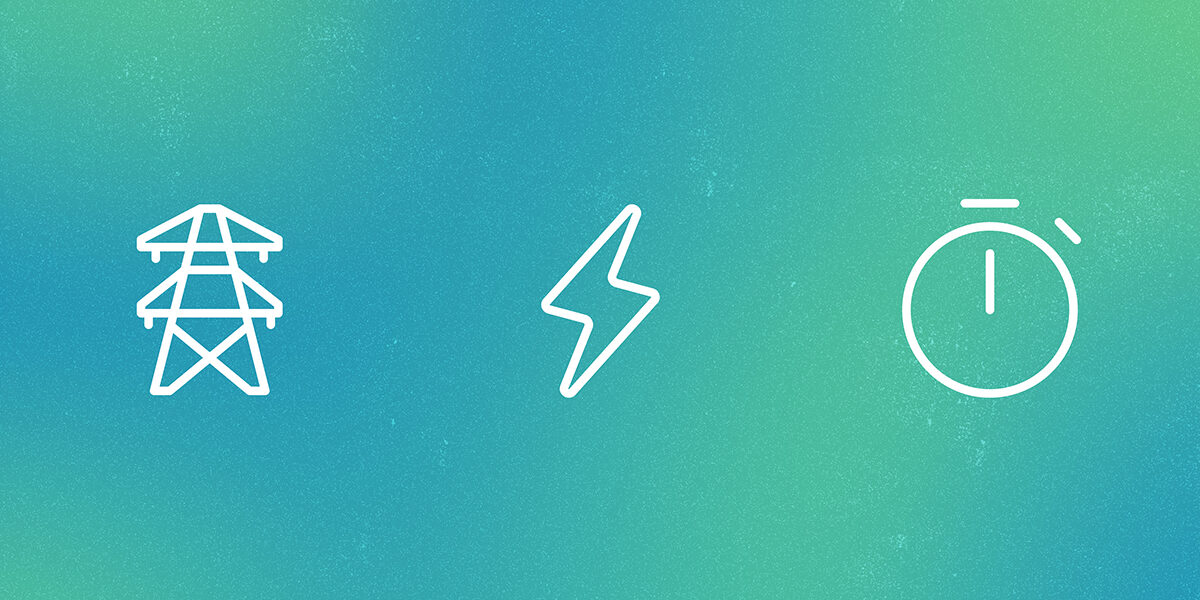 Three white line icons—a transmission tower, a lightning bolt, and a stopwatch—displayed on a teal-to-green gradient background with a subtle textured pattern.