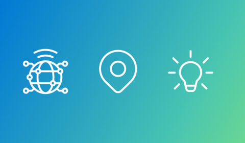 Three minimalist white line icons on a blue-to-green gradient background: a connected globe with signal waves (left), a map location pin (center), and a lightbulb with rays (right), representing connectivity, location, and ideas.