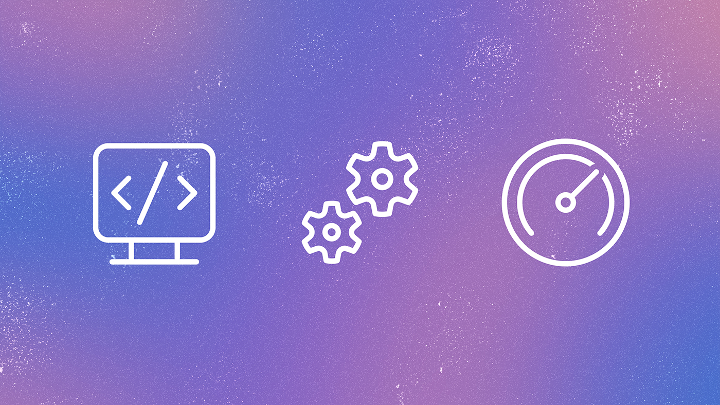 Three white line icons—a monitor with code brackets, interlocking gears, and a speedometer—displayed on a purple‑to‑blue gradient background with a subtle textured pattern.