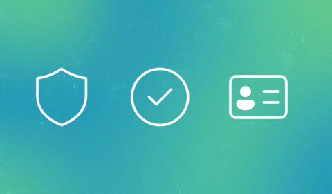 Three white line-style icons centered on a textured blue-to-green gradient background: a shield, a checkmark inside a circle, and an ID card with a user silhouette—representing security, verification, and digital identity.