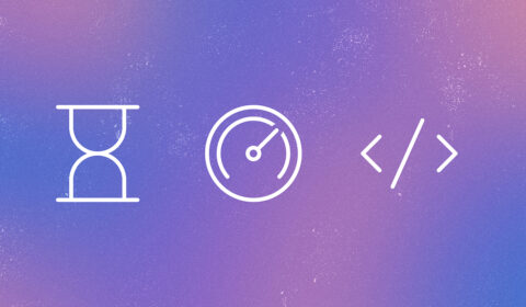 Three minimalist white icons on a purple-to-pink gradient background. From left to right: an hourglass, a circular gauge, and a pair of angle brackets with a slash.