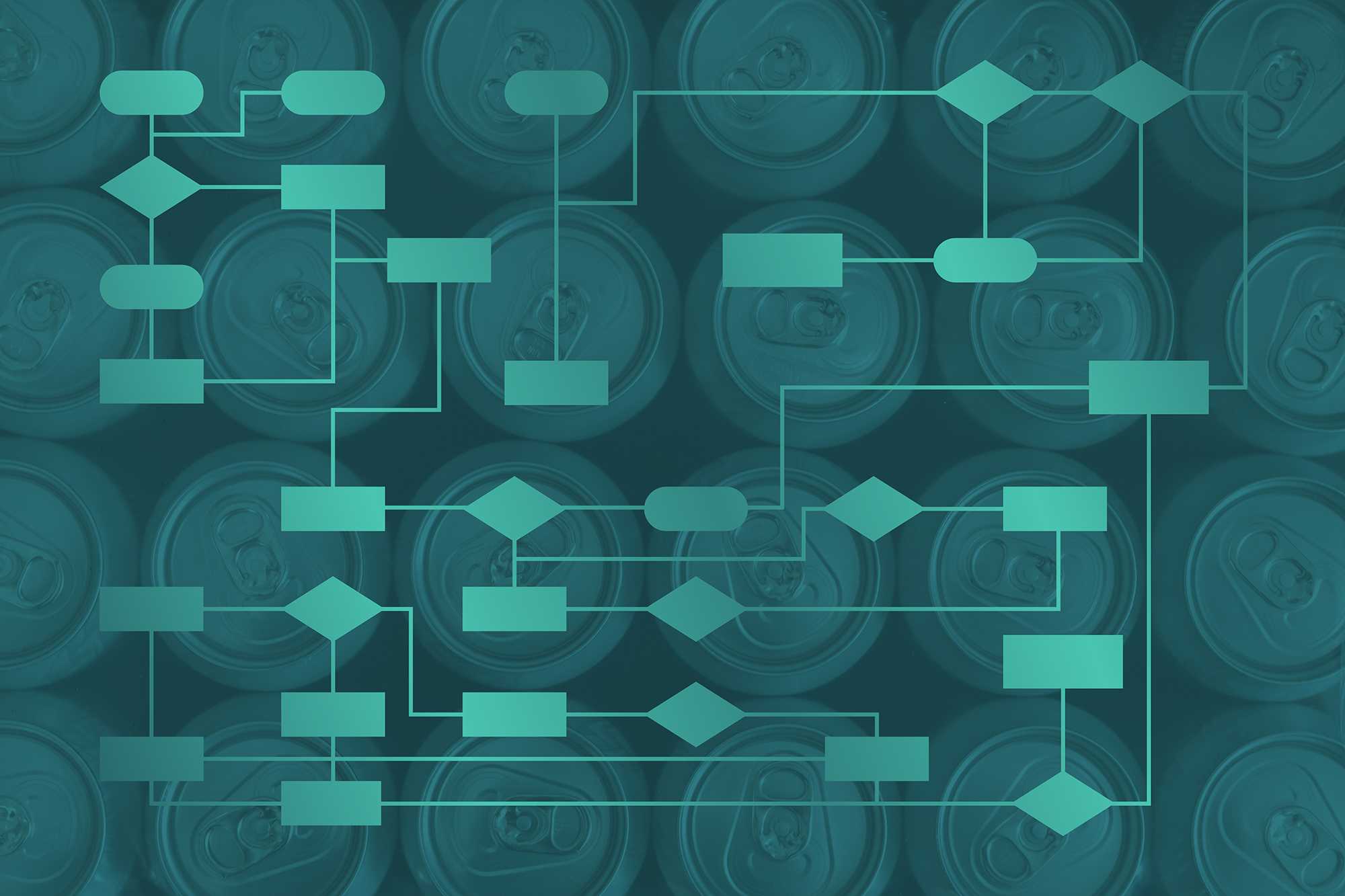 Abstract teal-toned image of aluminum cans viewed from above, overlaid with a network of connected flowchart shapes (rectangles, rounded nodes, and diamonds) linked by thin line.