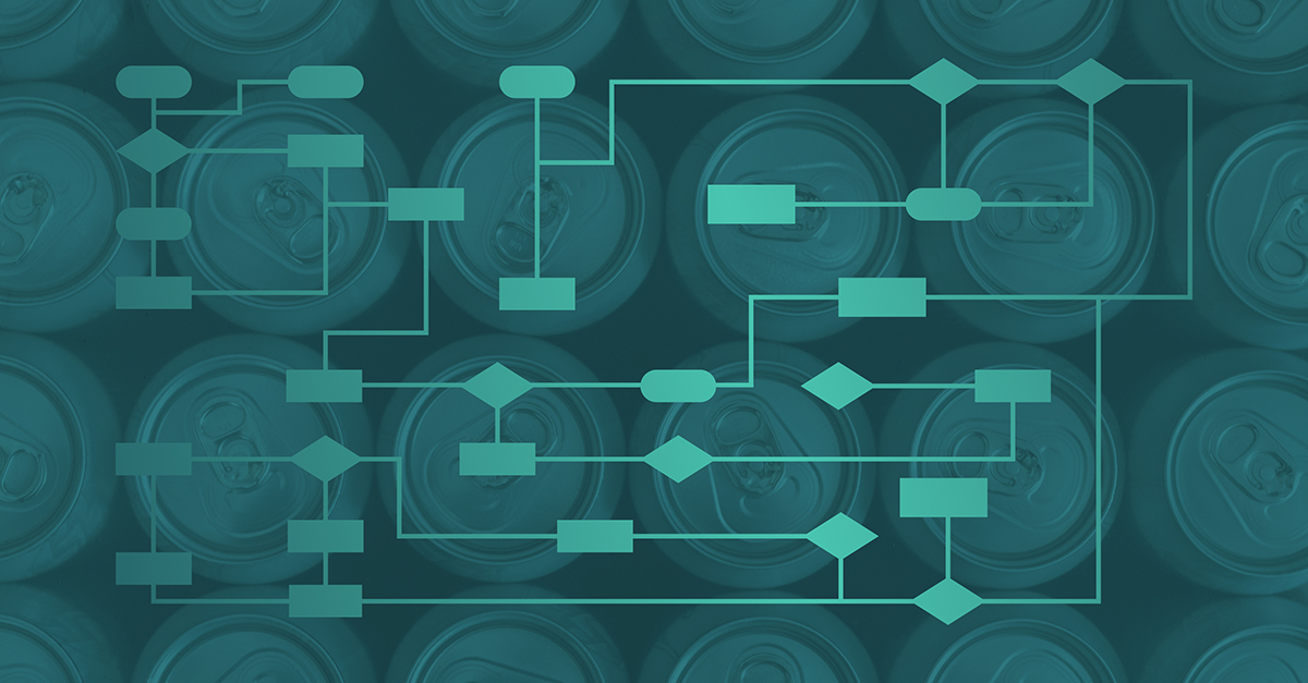 Abstract teal-toned image of aluminum cans viewed from above, overlaid with a network of connected flowchart shapes (rectangles, rounded nodes, and diamonds) linked by thin line.